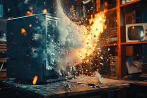 Old television exploding with fire and smoke in workshop photo