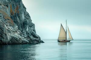 Classic sailboat is sailing on the calm ocean near a rocky cliff photo