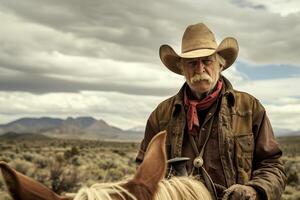 Senior cowboy riding horse in western landscape photo