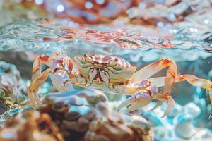 A colorful crab amidst underwater flora, captured in brilliant detail and lighting photo