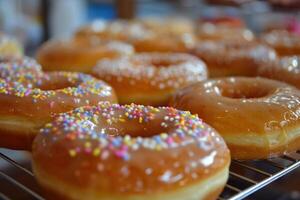 Glazed donuts with colorful sprinkles on display photo