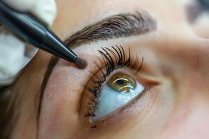 Closeup of eyebrow microblading procedure photo