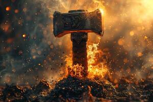 Mysterious fiery sword embedded in stone photo