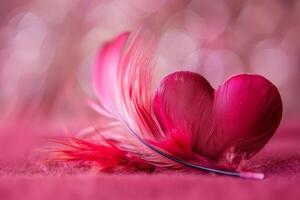 Delicate heart shape created by two pink feathers on a soft backdrop photo