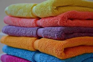 Stack of colorful towels folded and lying on top of each other photo