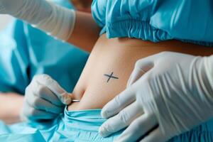 Surgeon placing scalpel for liposuction surgery on patient's abdomen photo