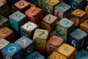 Colorful alphabet blocks forming random letters and numbers photo