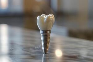 Dental implant standing on shiny surface with blurry background photo