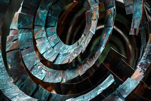 Abstract metal sculpture forming concentric circles with blue patina photo