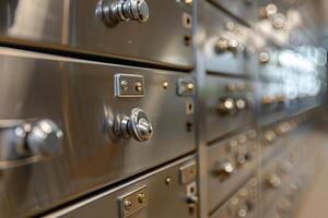 Rows of safety deposit boxes secured with combination locks protecting valuables photo