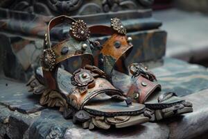 Pair of handmade leather sandals with metal ornaments resting on stone surface photo
