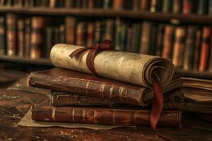 Antique scroll tied with red ribbon resting on stack of old books photo
