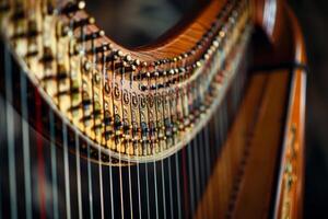 Harp strings showing tuning pins on a celtic harp neck close up photo