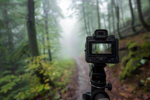 Photographer capturing foggy forest path with professional camera photo