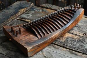 Handmade wooden string instrument resting on rustic tabletop photo