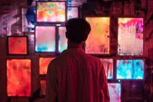 Man looking at colorful abstract art installation photo