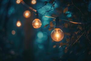 String lights glowing in the dark creating a magical forest atmosphere photo