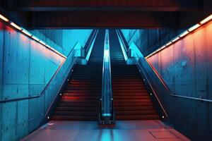 Escalator going up between two staircases with blue and red lights photo