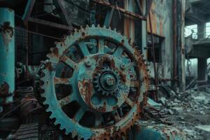 Rusty gear sitting in abandoned industrial factory photo