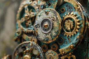 Complex clockwork mechanism showing cogs and gears photo