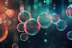 Many transparent soap bubbles floating in the air with red and blue lights photo