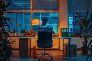 Empty modern open space office with computers and big windows at night time photo