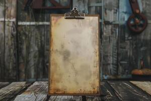 Old clipboard with blank paper on rustic wooden table with grunge background photo