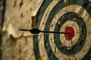 Black arrow hitting the center of an old target on wood background photo