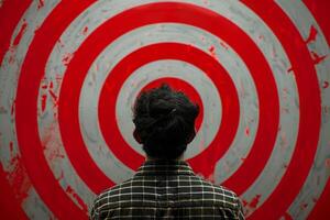 Man standing in front of a red and white target photo