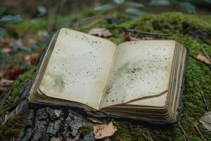 Ancient book lying open on mossy tree trunk in forest photo