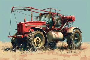 Old red tractor standing in a field after work is done photo
