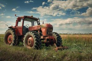 Old red tractor resting in field after working on farmland under cloudy sky photo