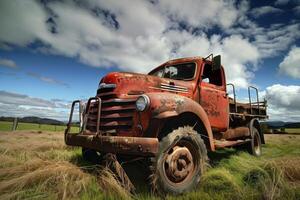 Old red rusty pickup truck rusting away in field photo