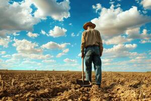 Farmer standing in plowed field holding shovel under cloudy sky photo
