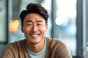 Upbeat Asian man smiling. Generate Ai photo