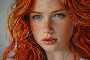 Beautiful redhead woman with freckles and green eyes posing with long curly ginger hair photo