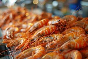 Freshly cooked tiger prawns resting on ice at a seafood restaurant buffet photo