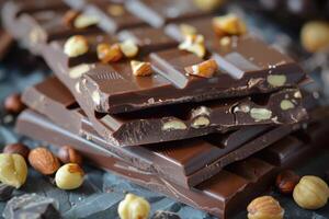 Stack of dark chocolate with hazelnuts and almonds on dark background photo