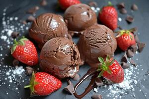 Chocolate ice cream scoops lying on dark background surrounded by strawberries and chocolate pieces photo