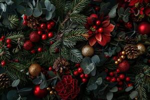 Christmas background featuring red flowers, green fir branches, red berries and golden christmas balls photo