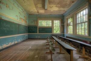 Empty classroom in abandoned school building with peeling paint photo