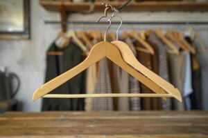 Two empty wooden hangers hanging on clothes rail with clothes in background photo