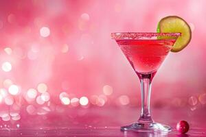 Pink cocktail standing on table with sparkling lights background photo
