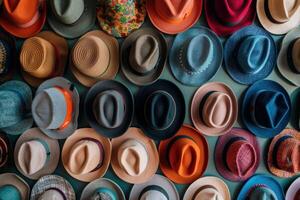Many different hats hanging on a green wall showing diversity photo