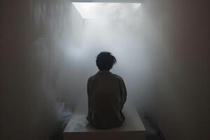 Man sitting in a smoke filled room looking at a window photo