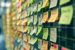 Project management board showing workflow with sticky notes photo