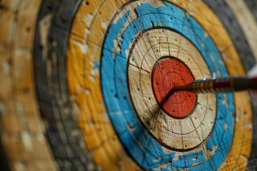Dart hitting a target on a colorful and rustic dartboard photo