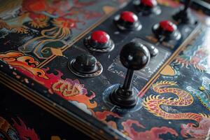 Close up of buttons and joystick on vintage arcade game console featuring dragons photo