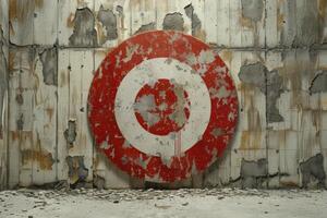 Old weathered target hanging on a crumbling concrete wall photo