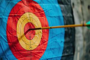 Arrow hitting target on archery range showing concept of success photo